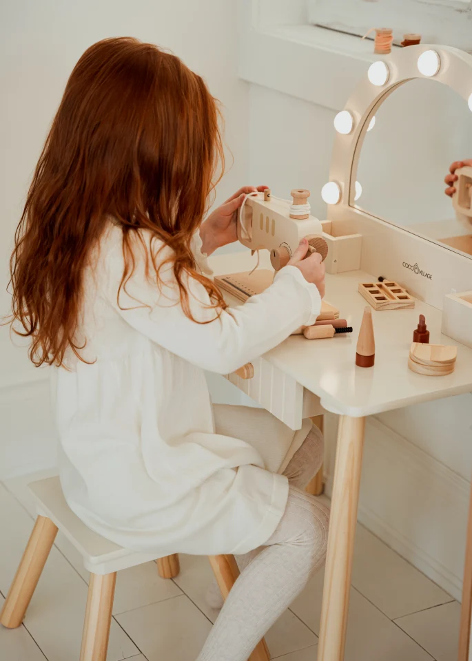 Coco Village Wooden Play Vanity with Lighted Mirror & Stool - Image 2