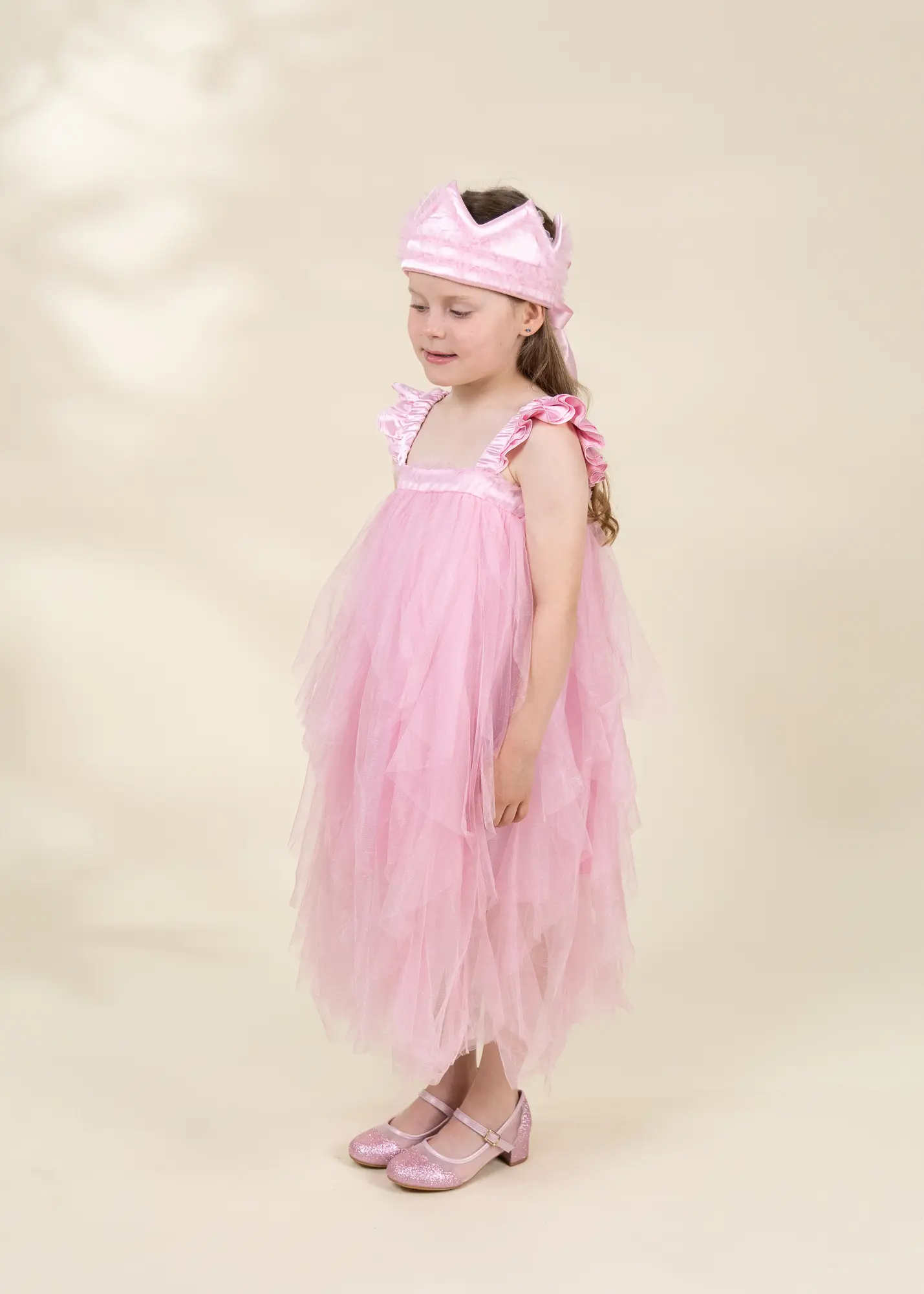 Coco Village Pink Ruffle Princess Dress with Crown Play - 7-8Y