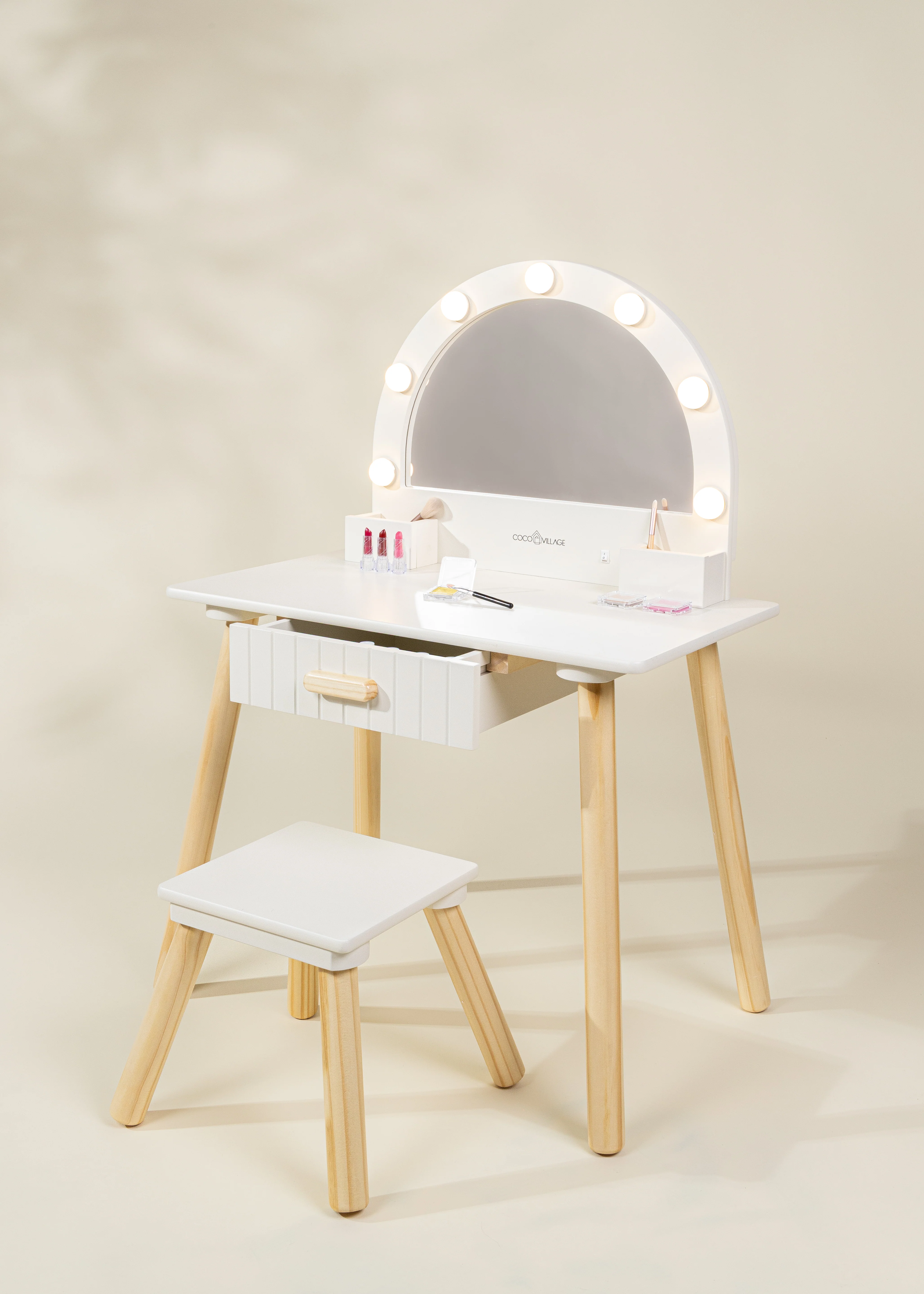 Coco Village Wooden Play Vanity with Lighted Mirror & Stool - Image 6